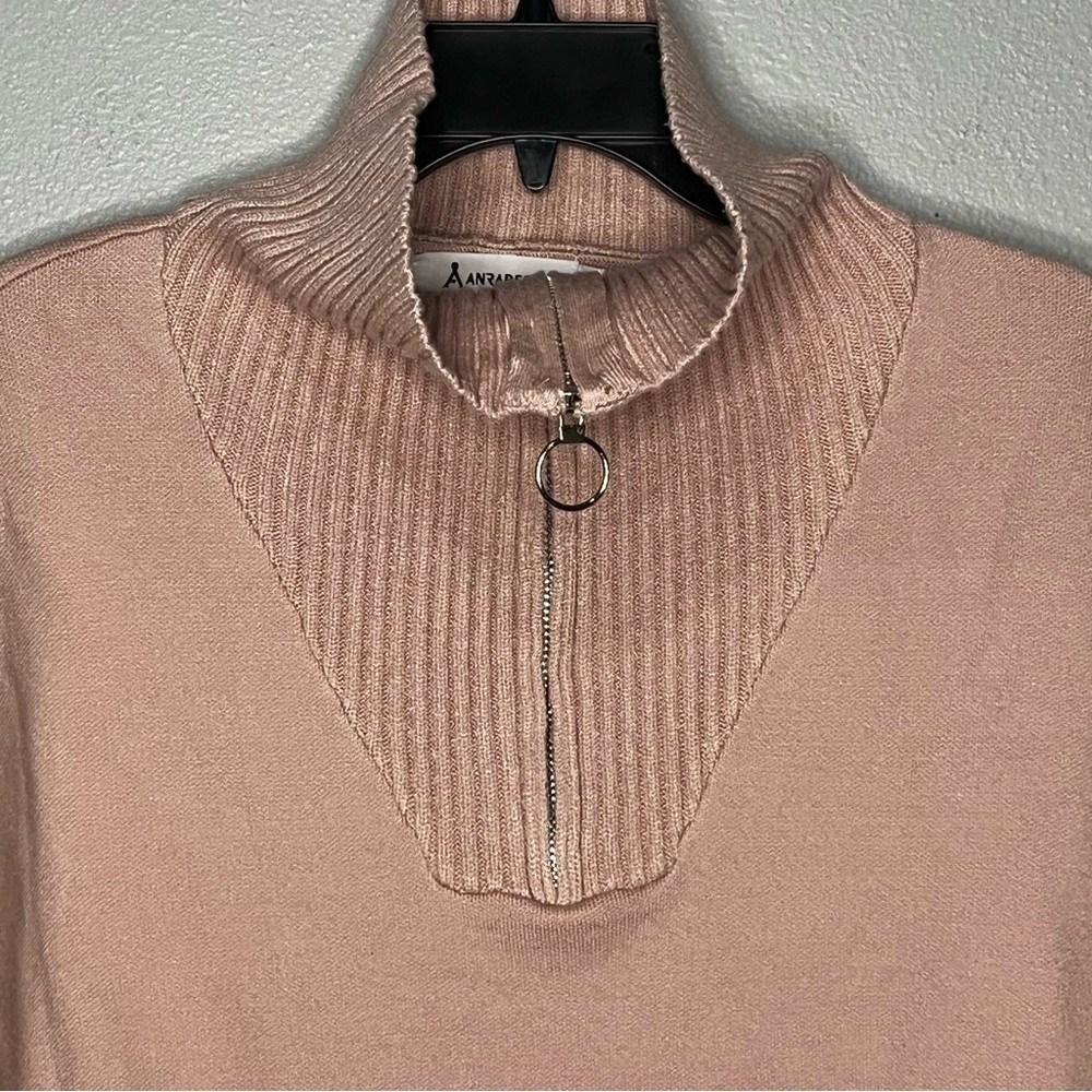 Anrabess 1/4 Zip High Neck Sweater Women Large Pink Ribbed Tie Waist Pockets - Picture 2 of 7